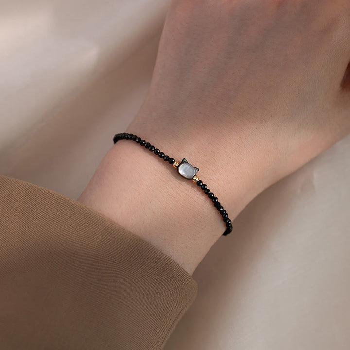 Buddha Stones 14K Gold Plated Black Spinel White Crystal Cute Cat Tridacna Stone Healing Bracelet - image 4