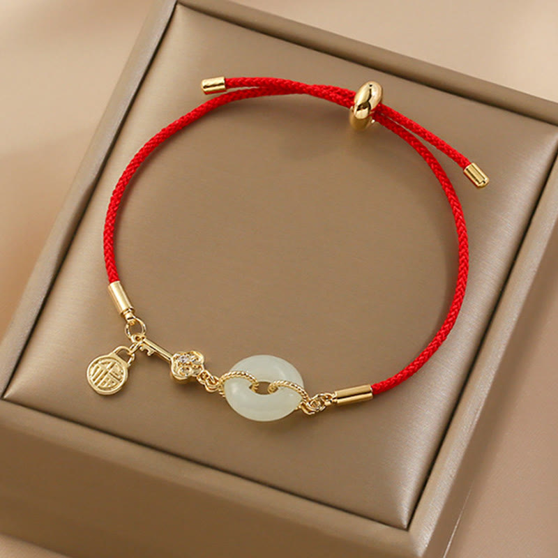 Buddha Stones 18K Gold Plated Hetian Jade Peace Buckle Fu Character Luck Red Rope Bracelet - image 4