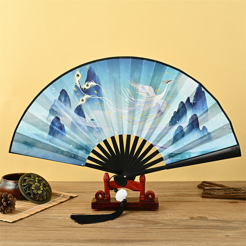 Buddha Stones Vintage Phoenix Nine Tailed Fox Flower Bamboo Tiger Handheld Folding Fan Lotus Tassel Fan - Phoenix - image 0