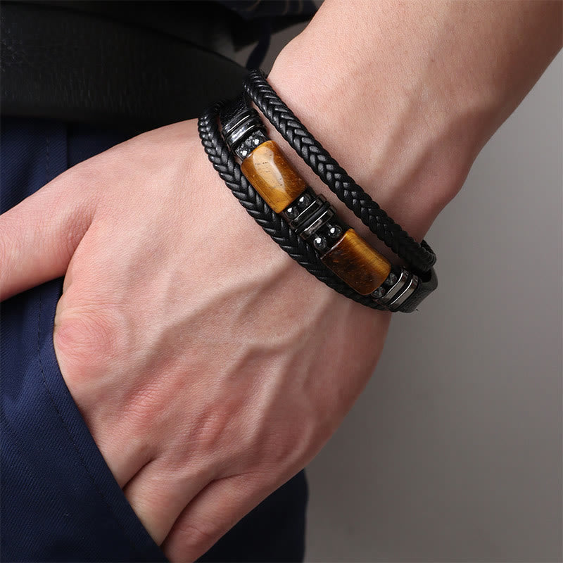 Buddha Stones Tiger Eye Power Magnetic Buckle Multilayered Leather Bracelet - image 7