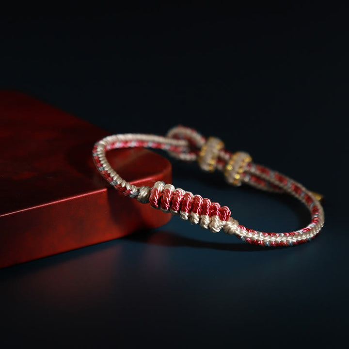 Buddha Stones Tibetan Handmade Eight Thread Peace Knot Prayer Wheel Braided Protection Bracelet - Pink Beige(Wrist Circumference 14-16cm) - image 3