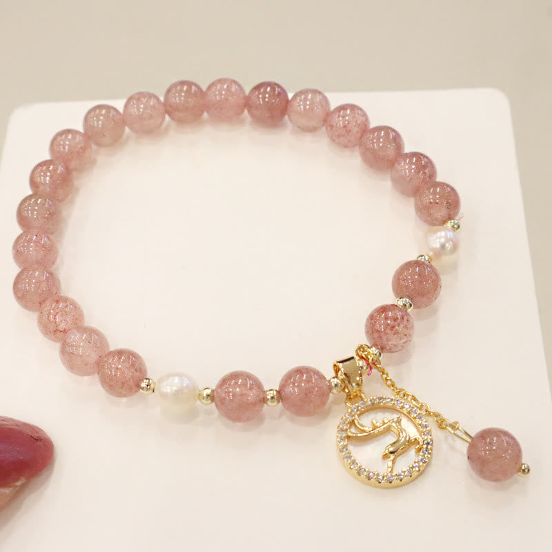Buddha Stones Strawberry Quartz Pearl Elk Smiley Face Fishtail Fu Character Charm Healing Bracelet - image 2