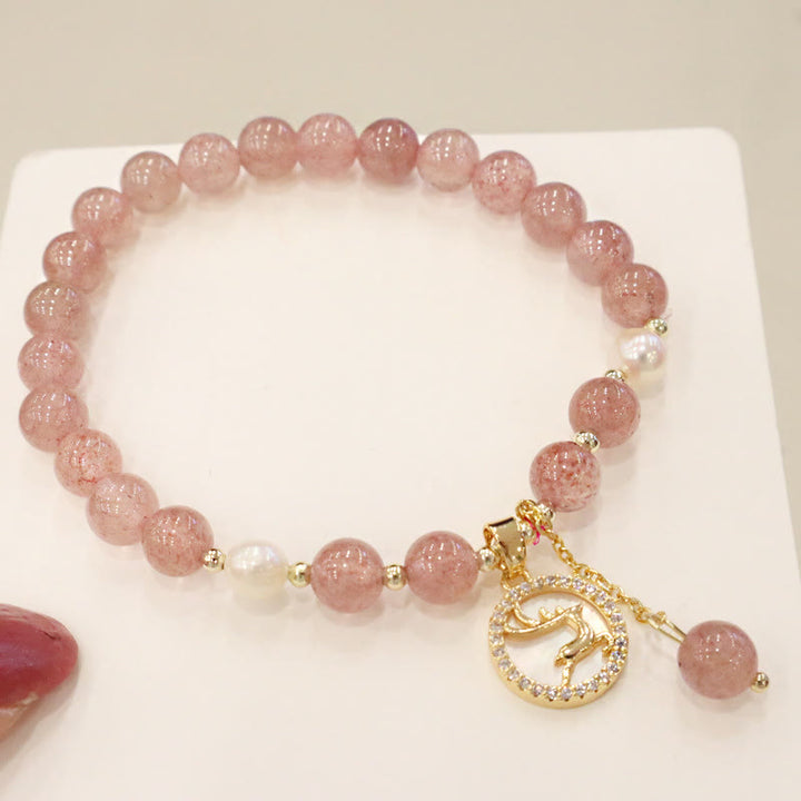 Buddha Stones Strawberry Quartz Pearl Elk Smiley Face Fishtail Fu Character Charm Healing Bracelet - image 2