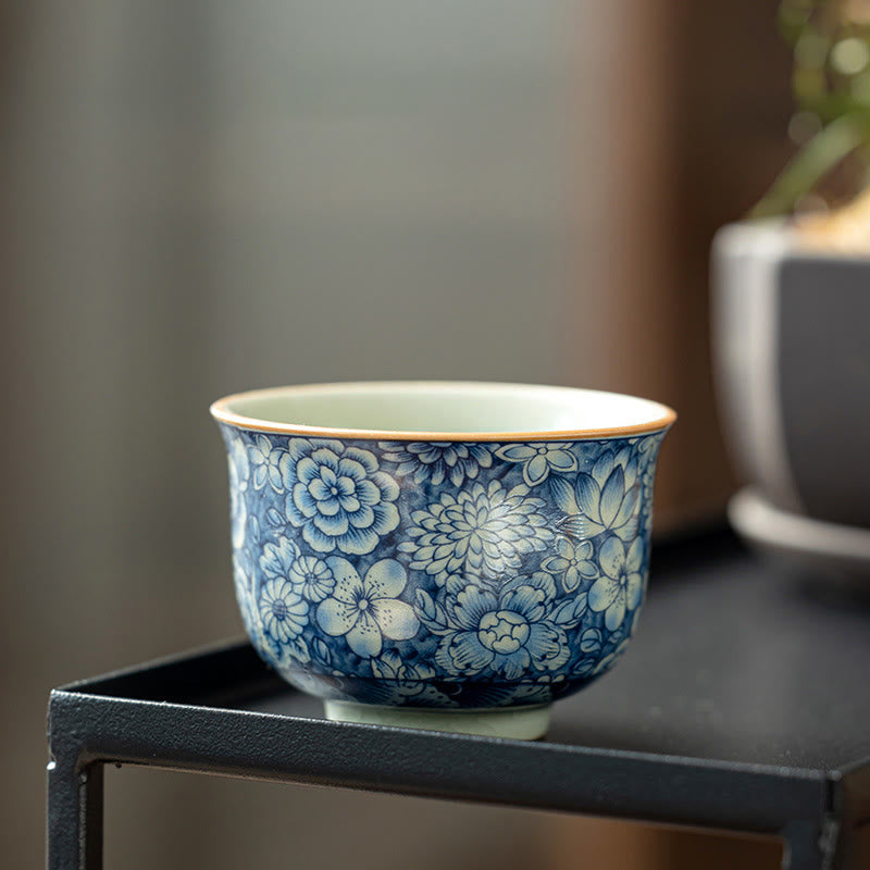 Buddha Stones Vintage Lotus Peony Plum Blossom Chrysanthemum Ceramic Teacup Tea Cups - image 1