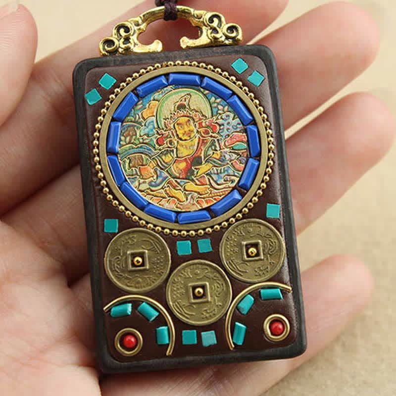 Buddha Stones Tibet God of Wealth Thangka Ebony Peace Necklace Pendant - image 7