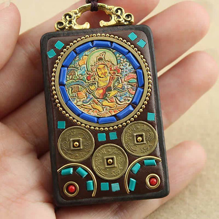 Buddha Stones Tibet God of Wealth Thangka Ebony Peace Necklace Pendant - image 7