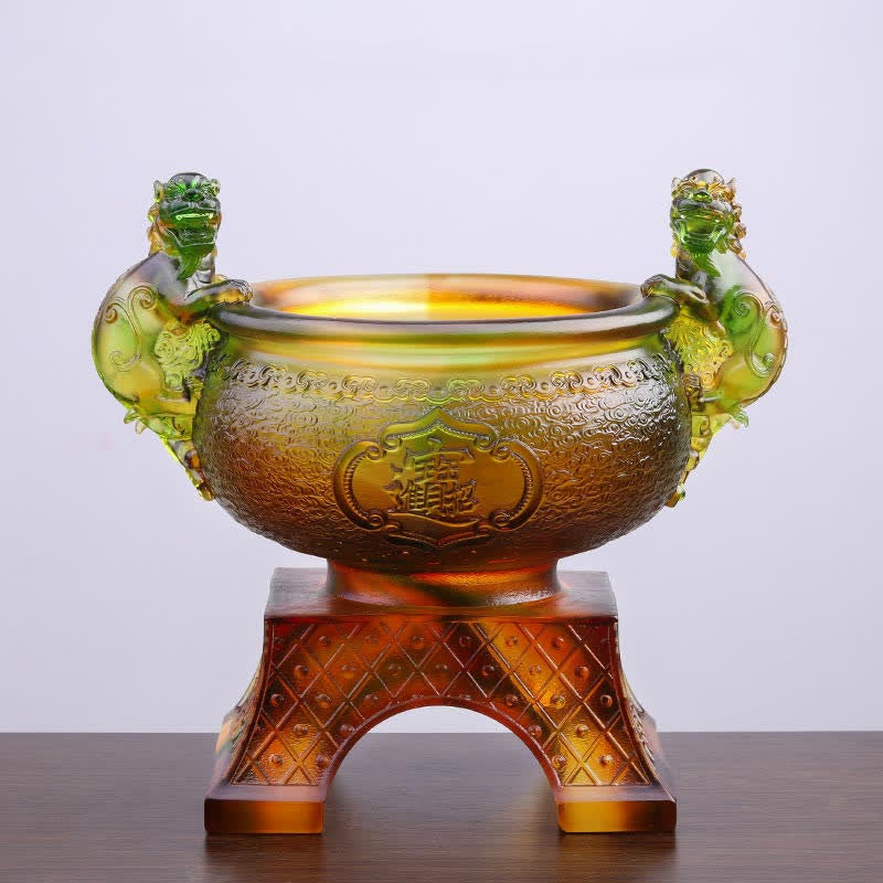 Handmade Liuli Crystal PiXiu Treasure Bowl Art Piece Home Decoration - Green - image 0