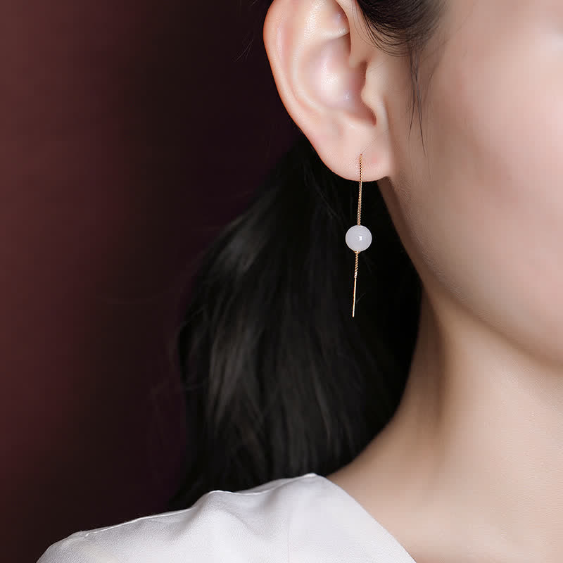 925 Sterling Silver White Jade Beaded Happiness Drop Earrings - image 2