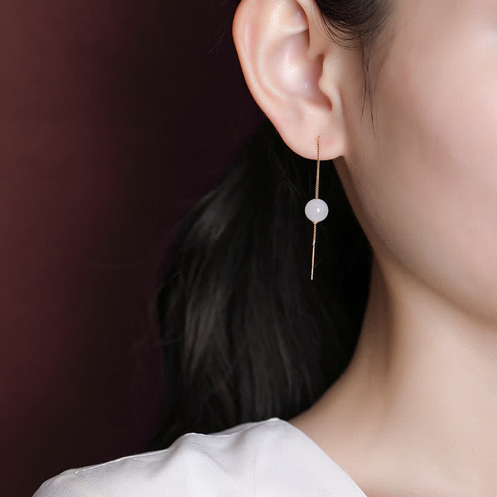 925 Sterling Silver White Jade Beaded Happiness Drop Earrings - image 2
