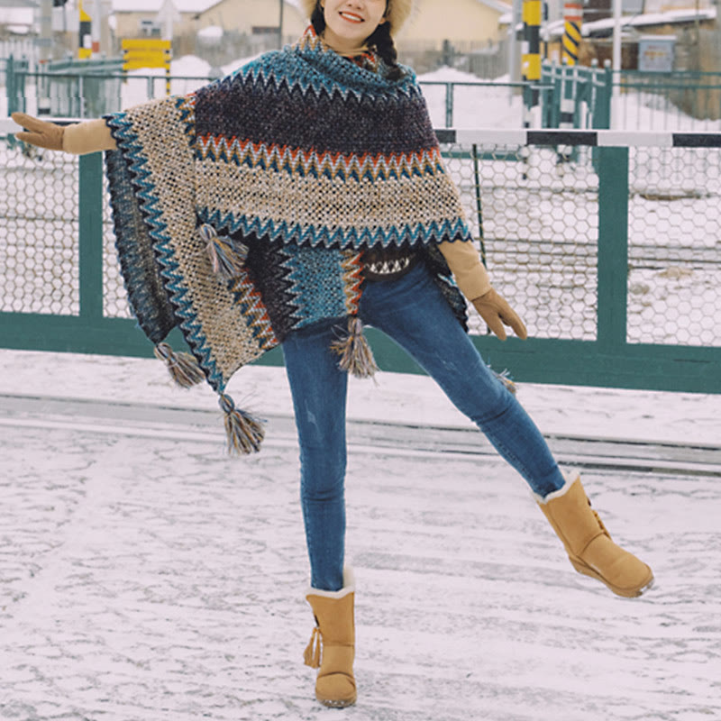 Buddha Stones Tibetan Shawl Blue Beige Red Wavy Pattern Winter Warm Tassel Scarf - image 9