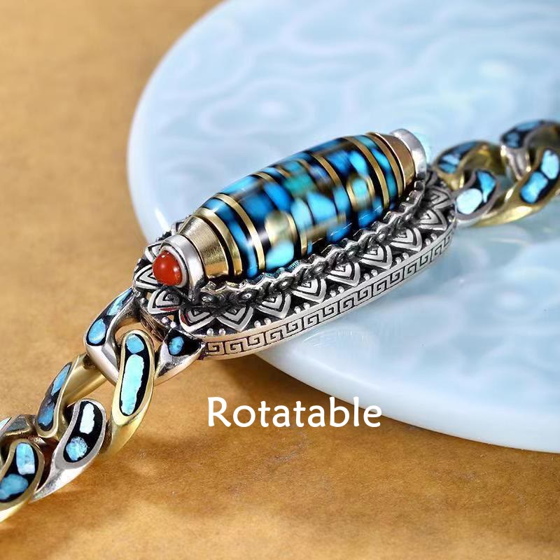 Buddha Stones Tibetan Nine-Eye Dzi Bead Om Mani Padme Hum Turquoise Protection Rotatable Bracelet - image 1