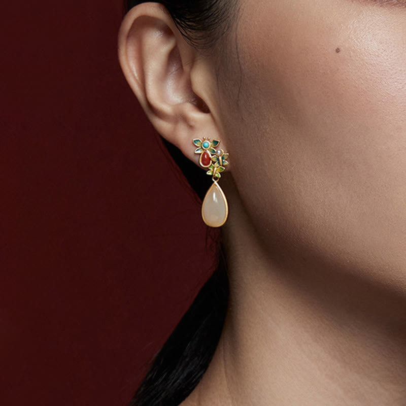 Buddha Stones Water Drop White Jade Red Agate Butterfly Protection Drop Dangle Earrings - image 8