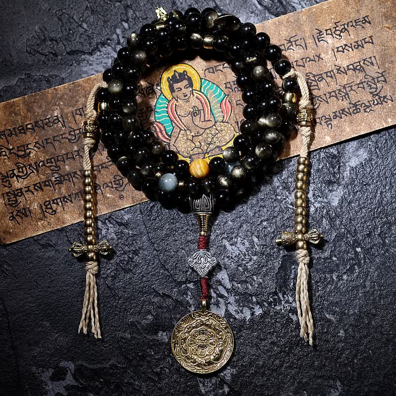 Buddha Stones 108 Mala Beads Gold Sheen Obsidian Tiger Eye Eagle's Eye Stone Wealth Bracelet - 8mm - Nine Palaces Bagua(Copper Counter) - image 21