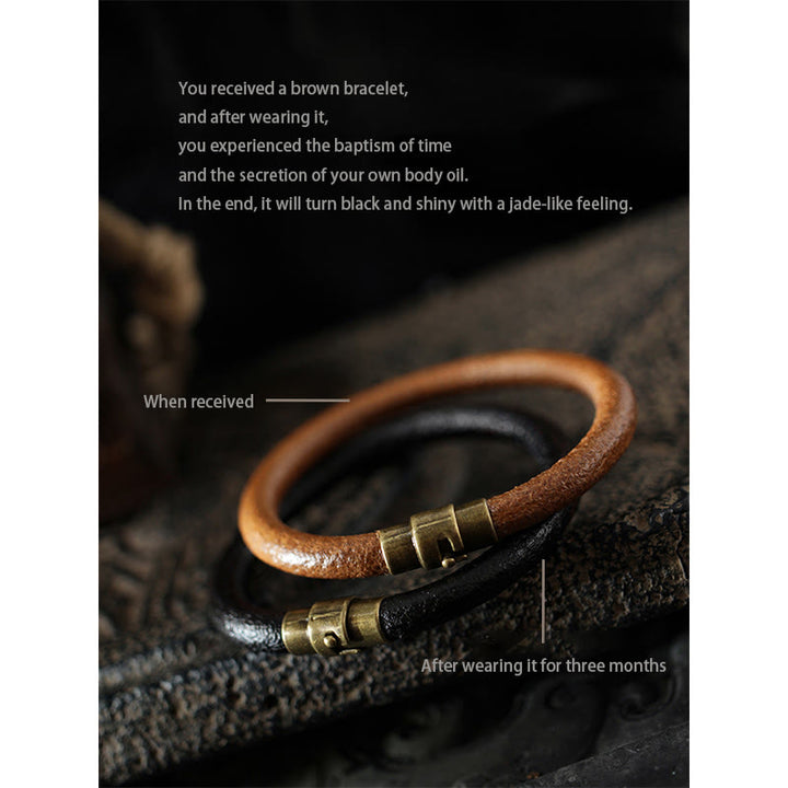 Buddha Stones Retro Leather Luck Healing Copper Magnetic Buckle Bracelet - image 13