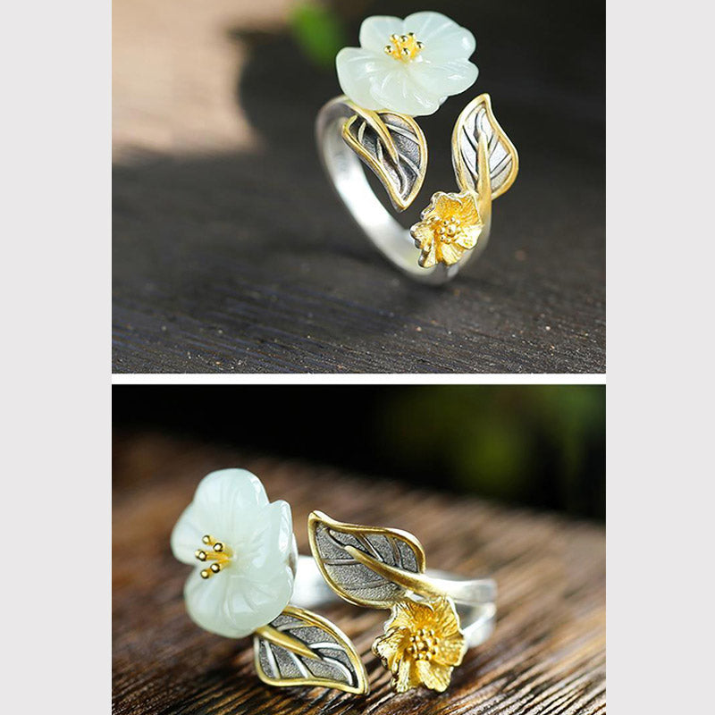 Buddha Stones 925 Silver Plated Copper White Jade Plum Flower Leaf Luck Ring - image 8