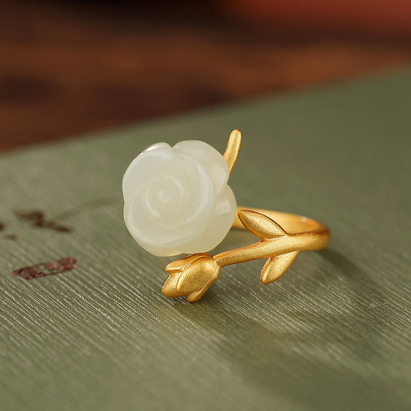Buddha Stones 925 Sterling Silver Plated Gold Rose Flower Hetian White Jade Happiness Ring - Gold - image 1