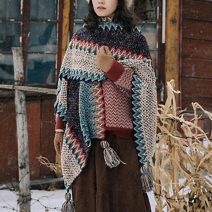 Buddha Stones Tibetan Shawl Blue Beige Red Wavy Pattern Winter Warm Tassel Scarf - image 2