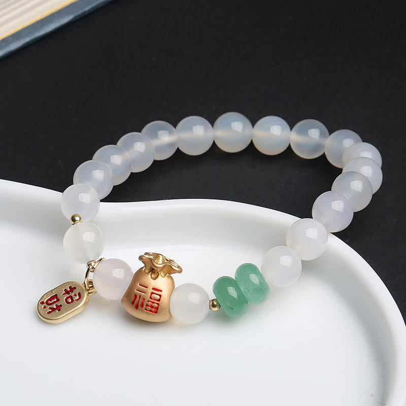 Buddha Stones Natural White Agate Red Agate Money Bag Fu Character Four Leaf Clover Protection Bracelet - image 1