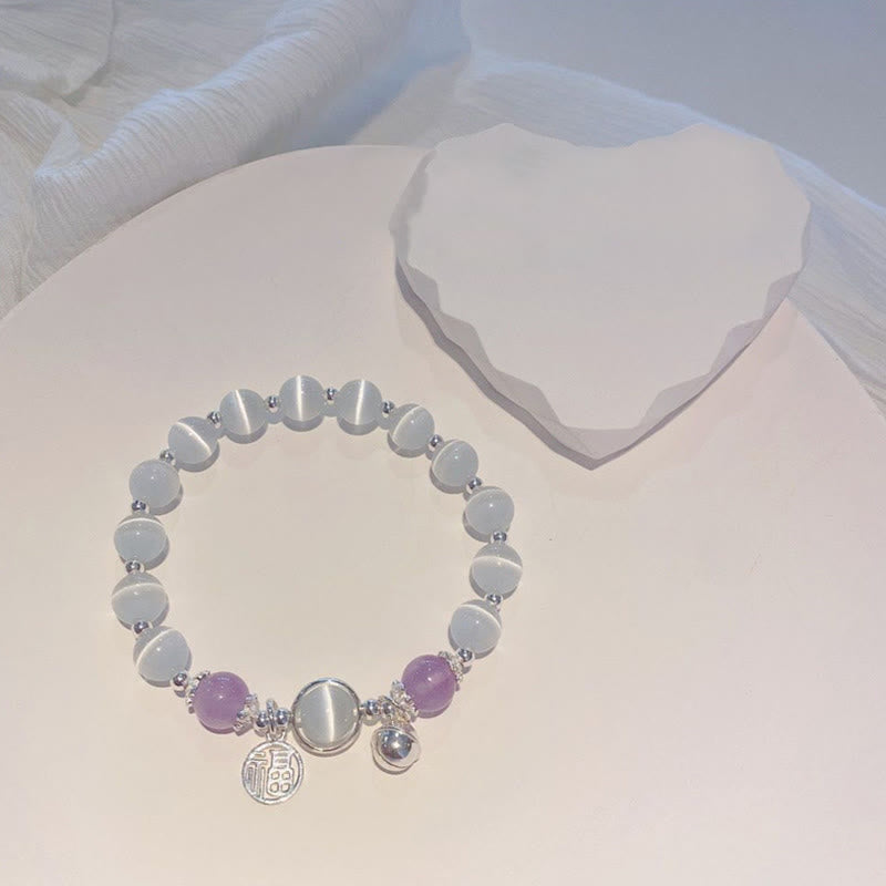 Buddha Stones Cat's Eye Amethyst Fu Character Bell Charm Support Bracelet - image 3