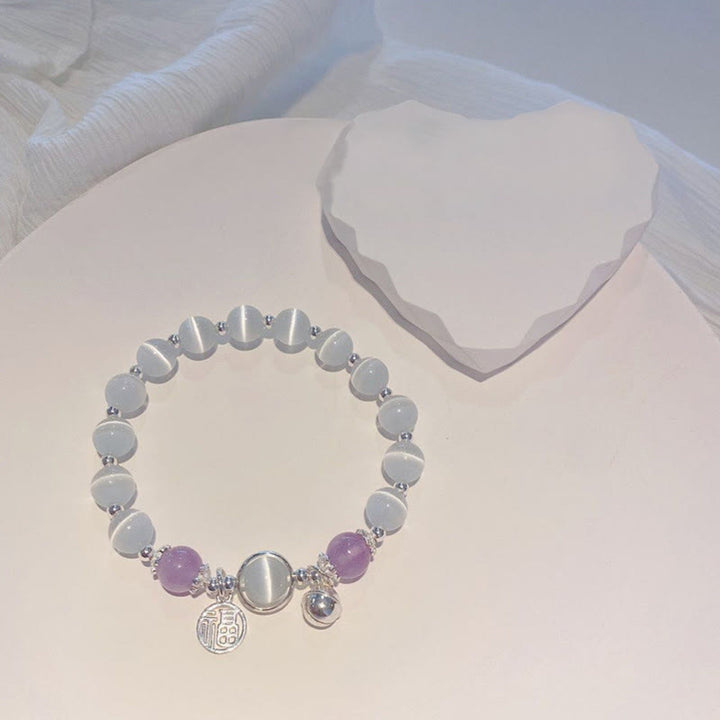 Buddha Stones Cat's Eye Amethyst Fu Character Bell Charm Support Bracelet - image 3
