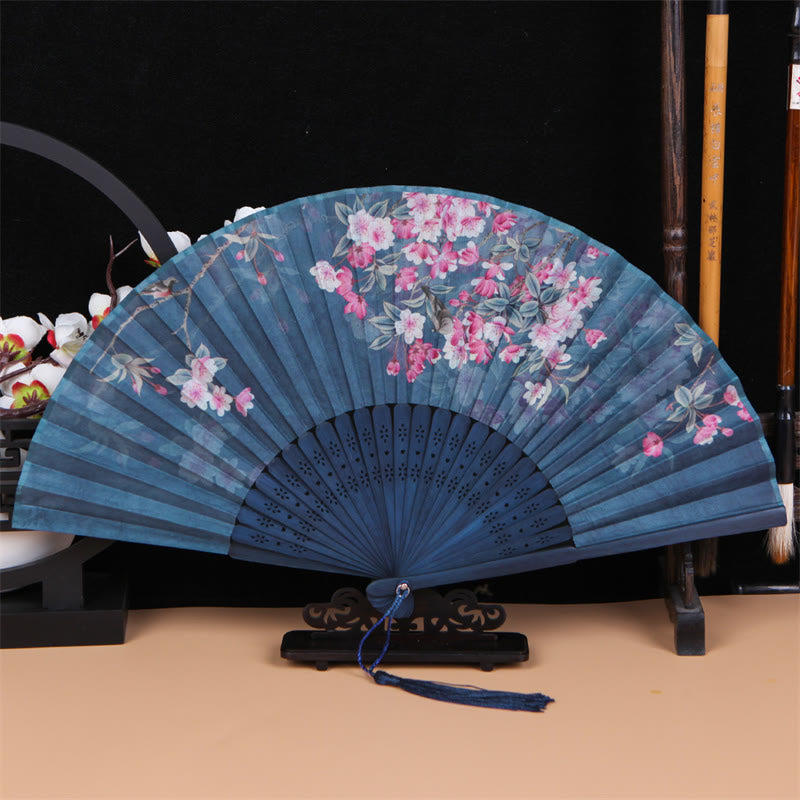 Buddha Stones Classic Birds Singing Flowers Handheld Bamboo Folding Fan - Blooming Flowers - image 2