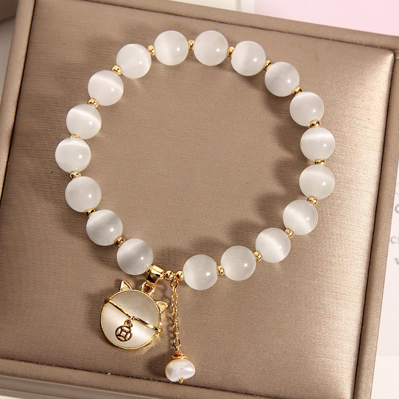 Buddha Stones Cat's Eye Lovely Cat Pattern Pearl Love Charm Bracelet - Cat - image 0