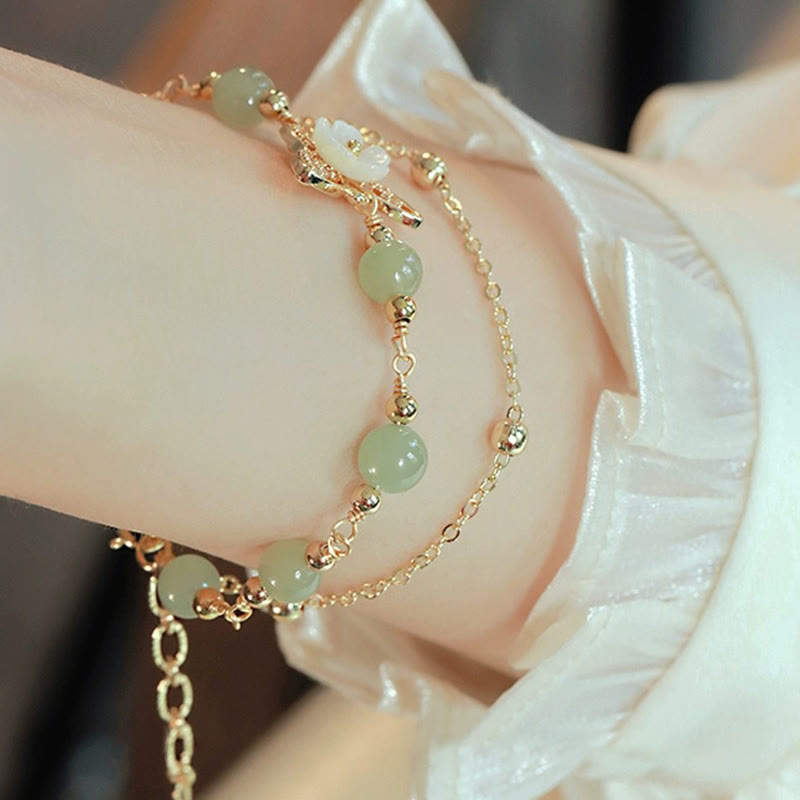 Buddha Stones 14K Gold Plated Jade Butterfly Tridacna Stone Flower Double Layer Luck Bracelet - image 6
