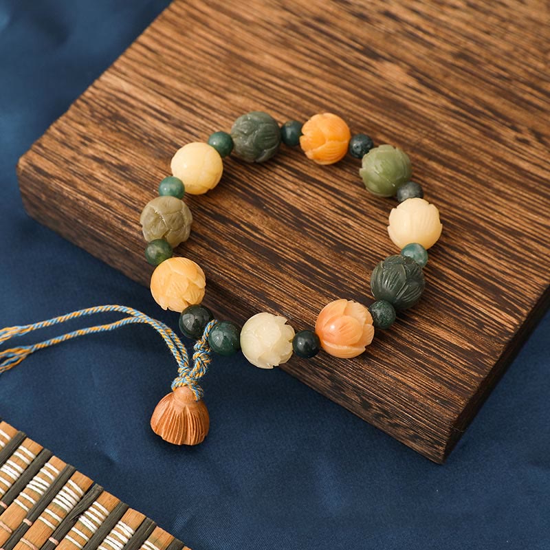 Buddha Stones Bodhi Seed Lotus Bead Engraved Moss Agate Peace Calm Bracelet - Bodhi Seed&Moss Agate(Wrist Circumference 13-14cm) - image 0