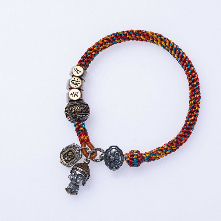 Buddha Stones Handmade Tibetan 925 Sterling Silver Chinese Zodiac Natal Buddha Zakiram Goddess of Wealth Protection Multicolored Rope Braided Bracelet - image 24