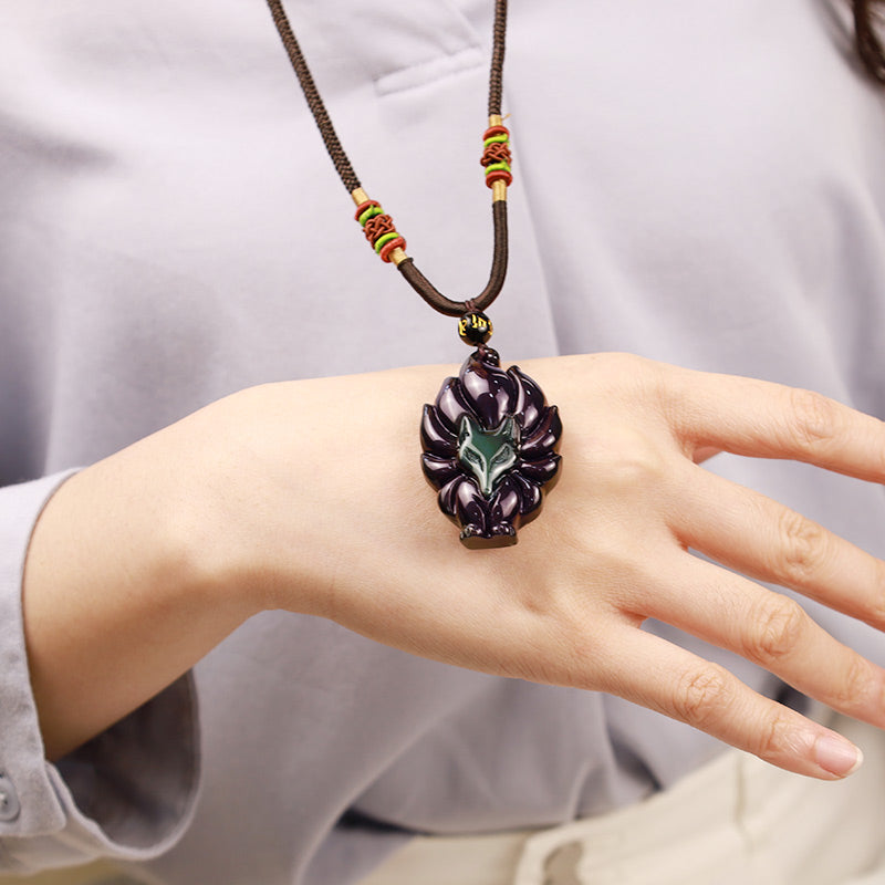 Buddha Stones Natural Rainbow Obsidian Gold Sheen Obsidian Nine Tailed Fox Positive Necklace Pendant - image 6