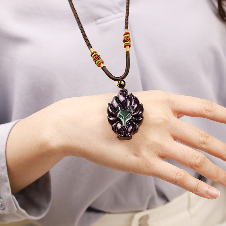 Buddha Stones Natural Rainbow Obsidian Gold Sheen Obsidian Nine Tailed Fox Positive Necklace Pendant - image 6