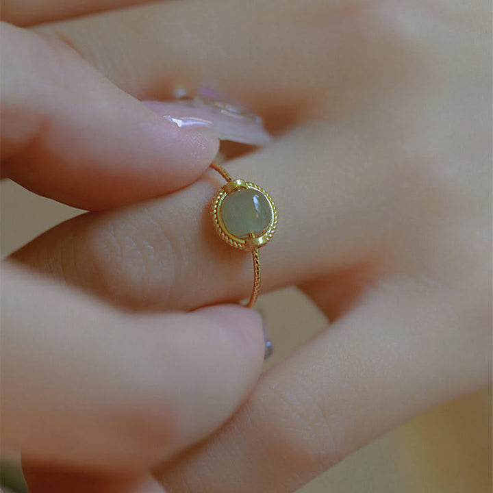 Buddha Stones 14K Gold Plated Round Jade Luck Prosperity Adjustable Ring - image 4