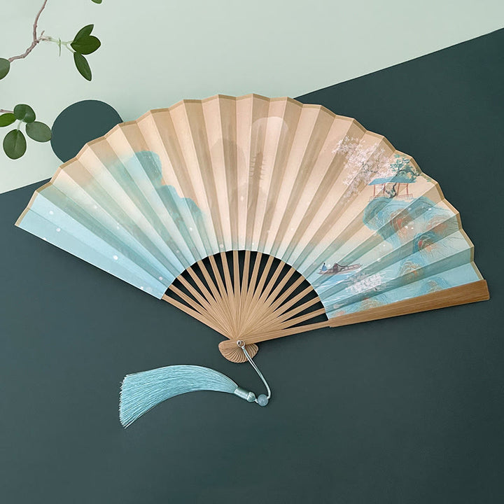 Buddha Stones Retro Lotus Flower Leaf Mountain Lake Handheld Folding Fan With Bamboo Frames - Peach Blossom Mountain Landscape - Brown Bamboo Frames - image 19