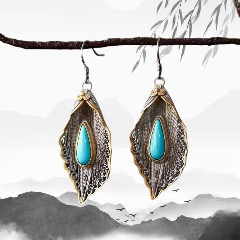 Buddha Stones 925 Sterling Silver Turquoise Bodhi Leaf Pattern Protection Drop Dangle Earrings - image 13