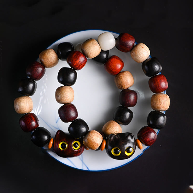 Buddha Stones Small Leaf Red Sandalwood Ebony Wood Cute Cat Engraved Protection Bracelet - image 1