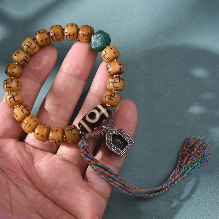 Buddha Stones Natural Tibetan Camel Bone Swastika Dzi Bead Shankha Buddha Charm Kirtimukha Luck Protection Tassel Bracelet - image 2