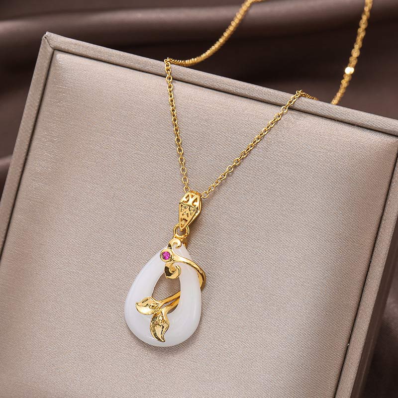 Buddha Stones Jade Oval Pattern Blessing Fortune Necklace Pendant - White - image 3