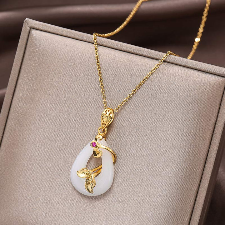 Buddha Stones Jade Oval Pattern Blessing Fortune Necklace Pendant - White - image 3