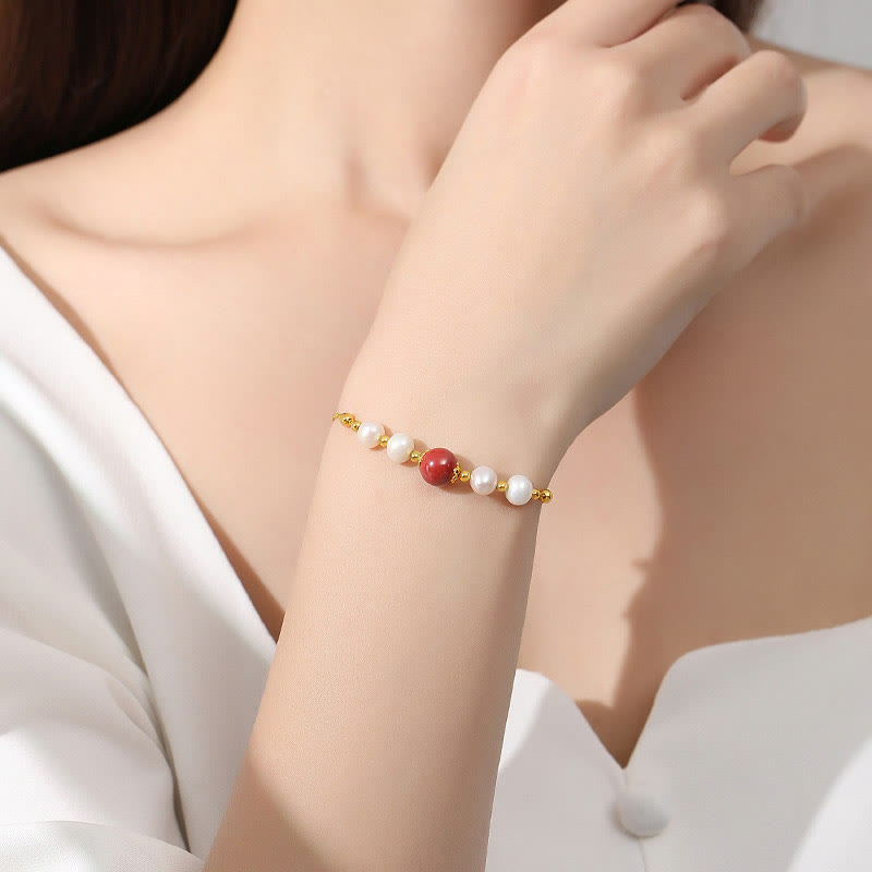 Buddha Stones 925 Sterling Silver Pearl Cinnabar Healing Bead Chain Bracelet - image 2