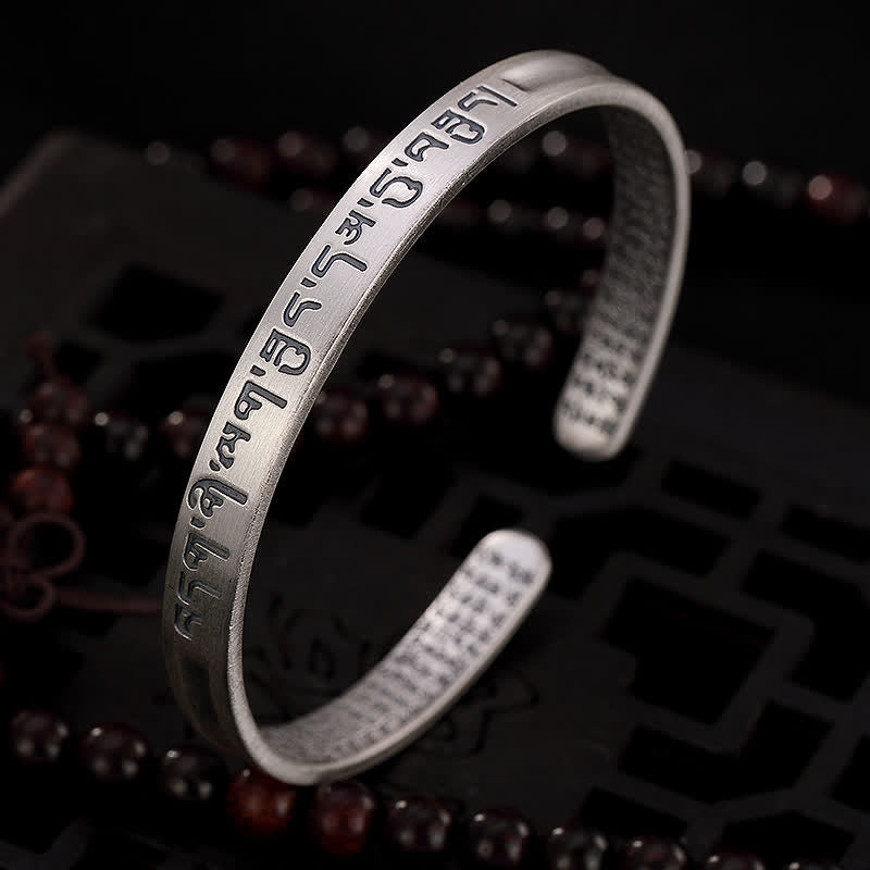 Buddha Stones 999 Sterling Silver Six True Words Heart Sutra Protection Bracelet Bangle - image 1
