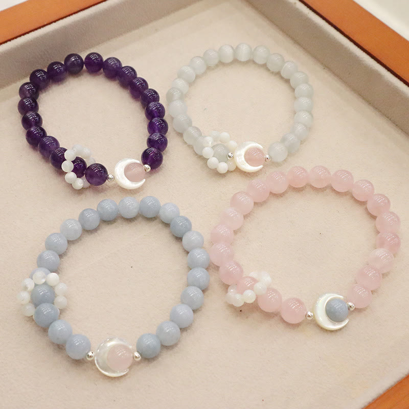 Buddha Stones 925 Sterling Silver Natural Amethyst Aquamarine Pink Crystal Cat's Eye Healing Crescent Moon Bracelet - image 1