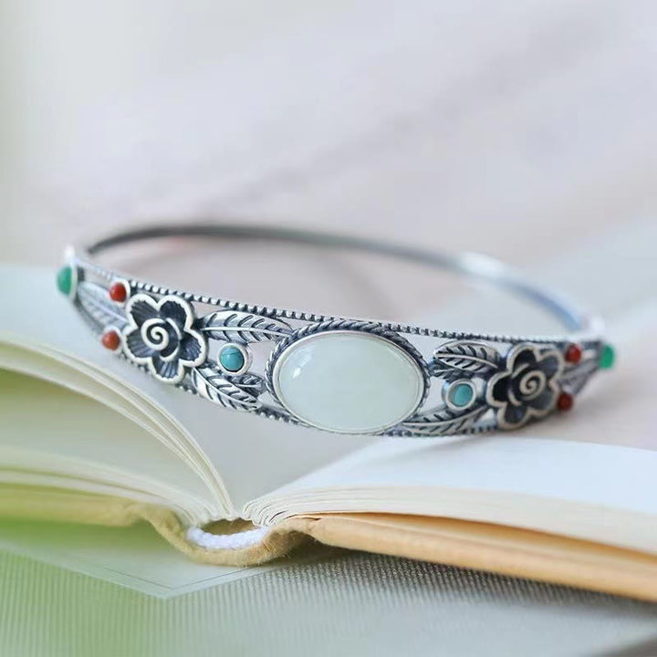 Buddha Stones Cyan Jade White Jade Flower Leaf Harmony Luck Bracelet Bangle - White Jade&Silver Bangle - image 9