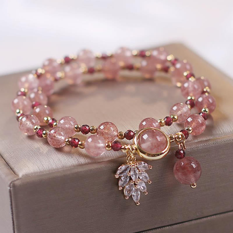 Buddha Stones Natural Strawberry Quartz Love Healing Maple Leaf Charm Double Wrap Bracelet - Strawberry Quartz(Love♥Healing) Bead Size 6mm - image 0