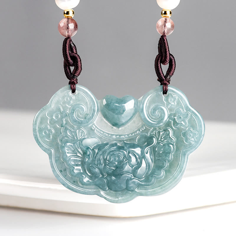 Buddha Stones Natural Jade Peony Flower Lock of Good Wishes Prosperity Necklace Pendant - Jade(Prosperity♥Abundance) - image 0