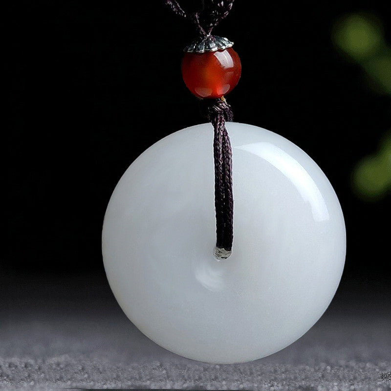 Buddha Stones Round Hetian White Jade Peace Buckle Blessing Necklace Pendant - 35mm - image 0