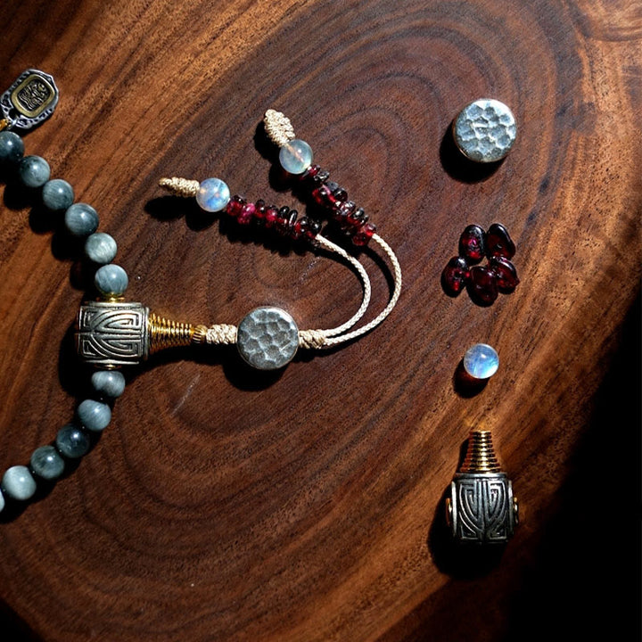 Buddha Stones 925 Sterling Silver 108 Mala Beads Eagle's Eye Stone Moonstone Positive Bracelet - image 8