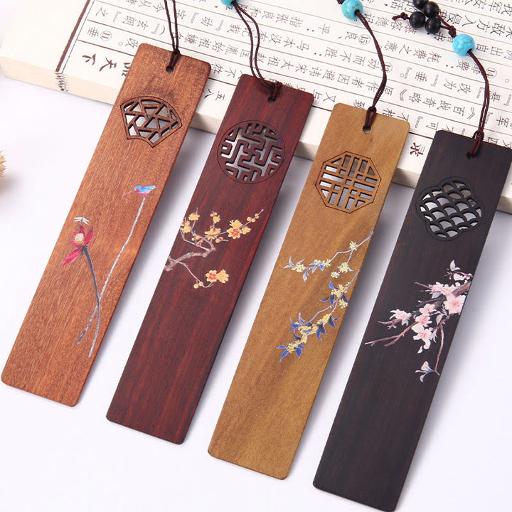 Buddha Stones 4Pcs Four Seasons Plum Orchid Bamboo Chrysanthemum Peking Opera Mask Wood Bookmarks With Gift Box - image 2