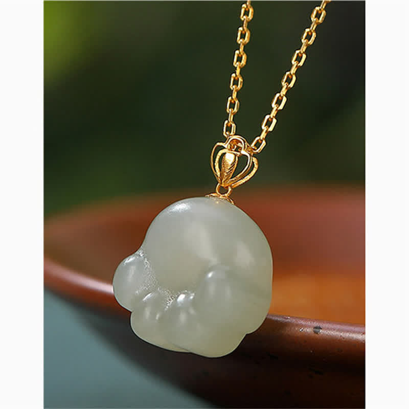 Buddha Stones 925 Sterling Silver Hetian White Jade Cute Cat Paw Luck Necklace Pendant - image 4