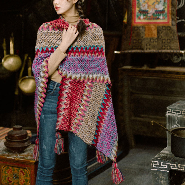 Buddha Stones Tibetan Shawl Knitting Warm Cloak Tibetan Tassel Scarf - image 6