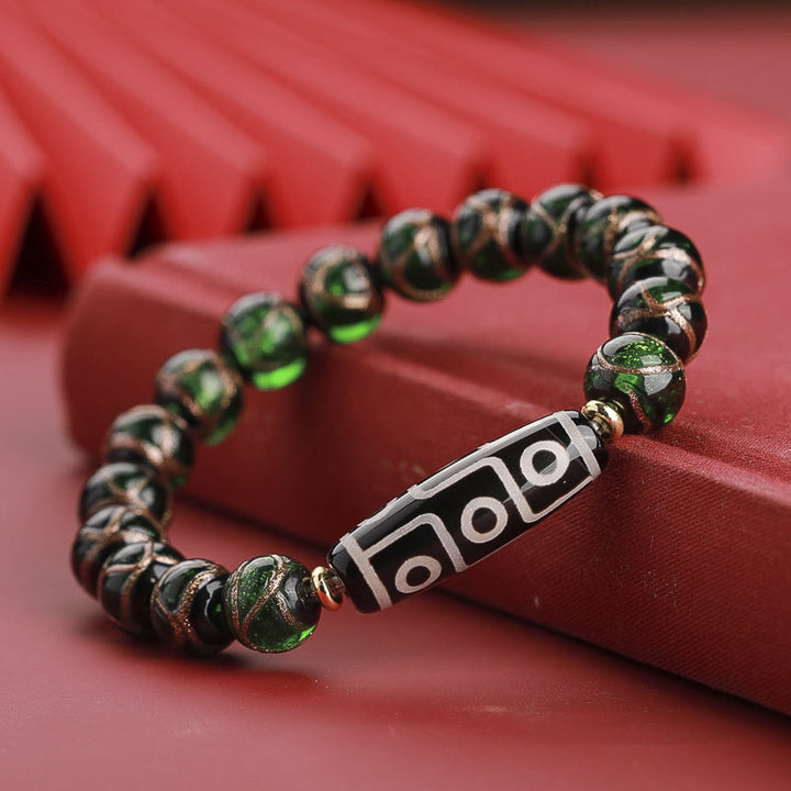 Buddha Stones Tibetan Nine-Eye Dzi Bead Three-eyed Dzi Bead Liuli Glass Bead Wealth Bracelet - Long Nine-Eye Dzi Bead - Green Liuli Glass Bead - 14mm - image 15